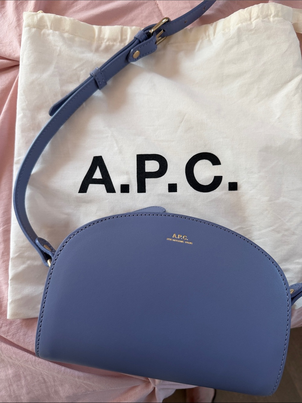 A.P.C. Navy Leather Half-Moon Crossbody with Gold Logo - Picture 2 of 2